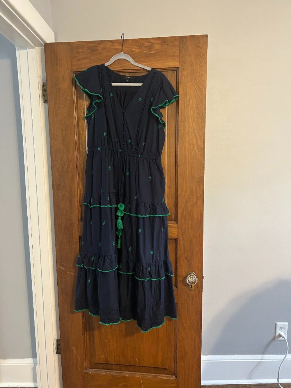 J Crew Embroidered Navy & Green Midi dress, 100% Cotton Size 12T